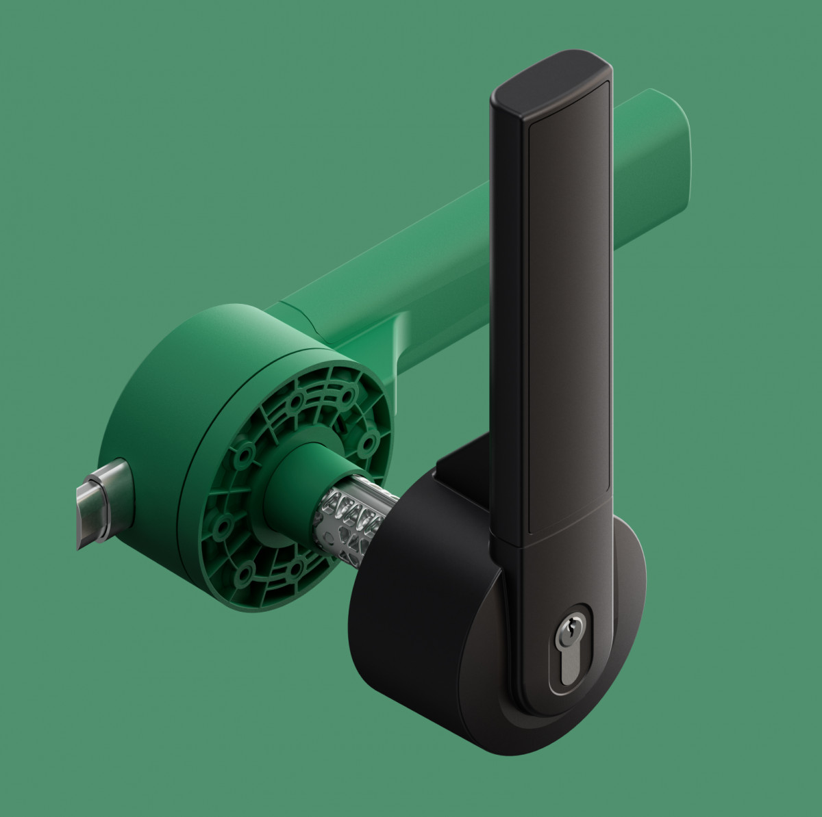 Open view of a Varilox cold room handle from Stuv, showing the plastic interior construction and the metal locking system.