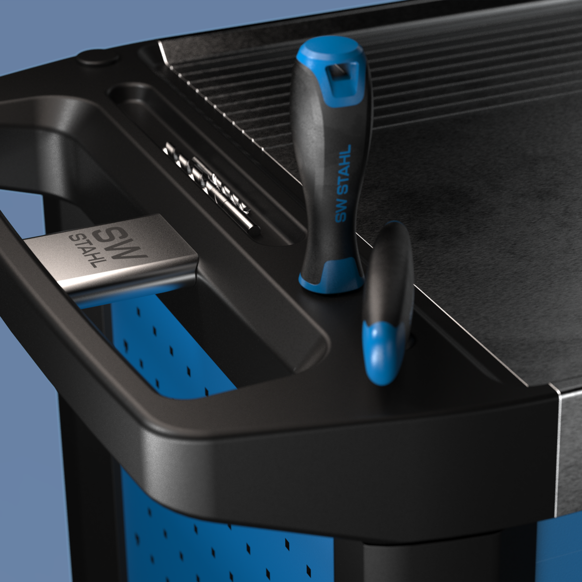 Detail of the award-winning workshop trolley from SW Stahl, focusing on the side storage function for hand tools, perspective view with blue background