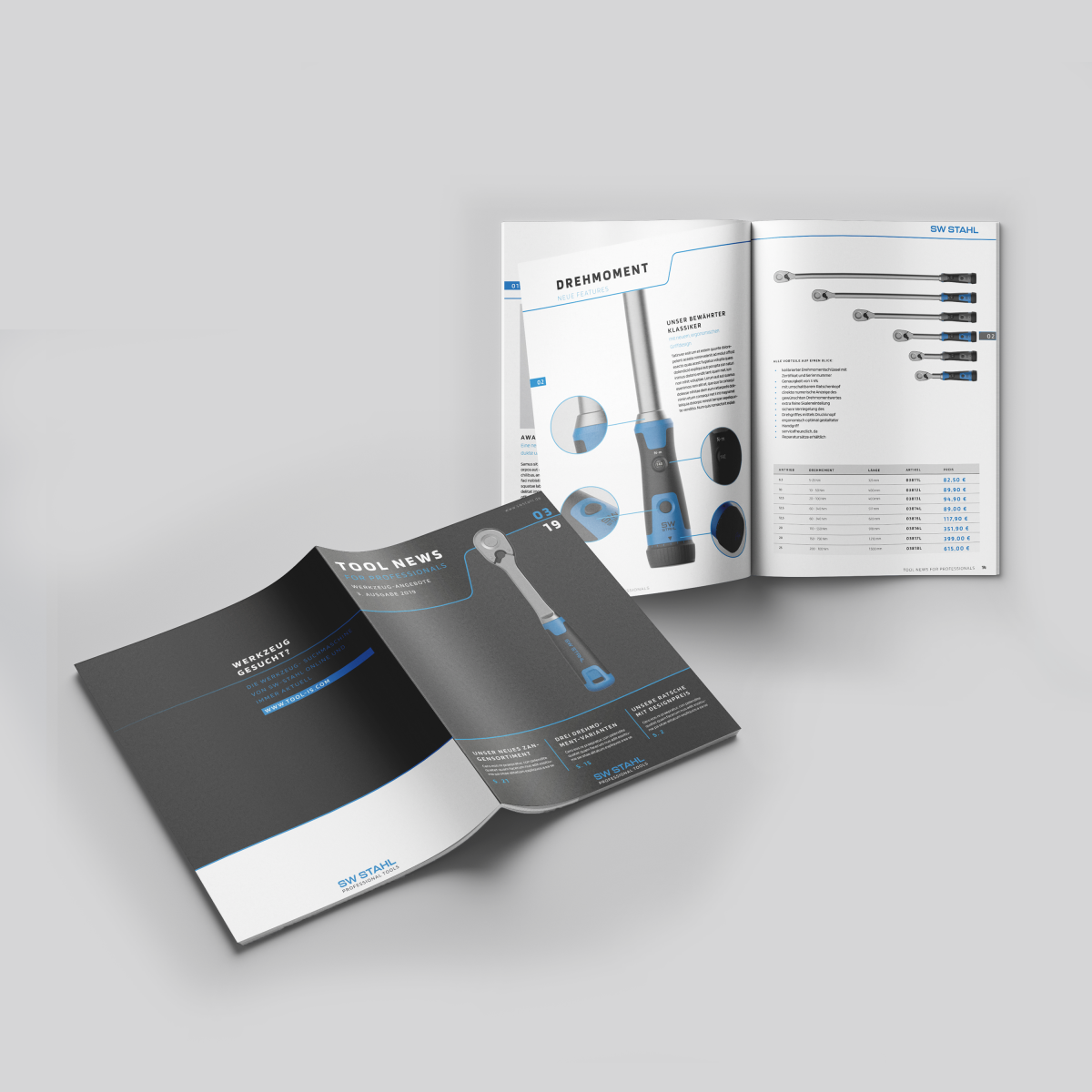 Mock-up of two SW Stahl brochures in the new corporate identity developed by Squareone