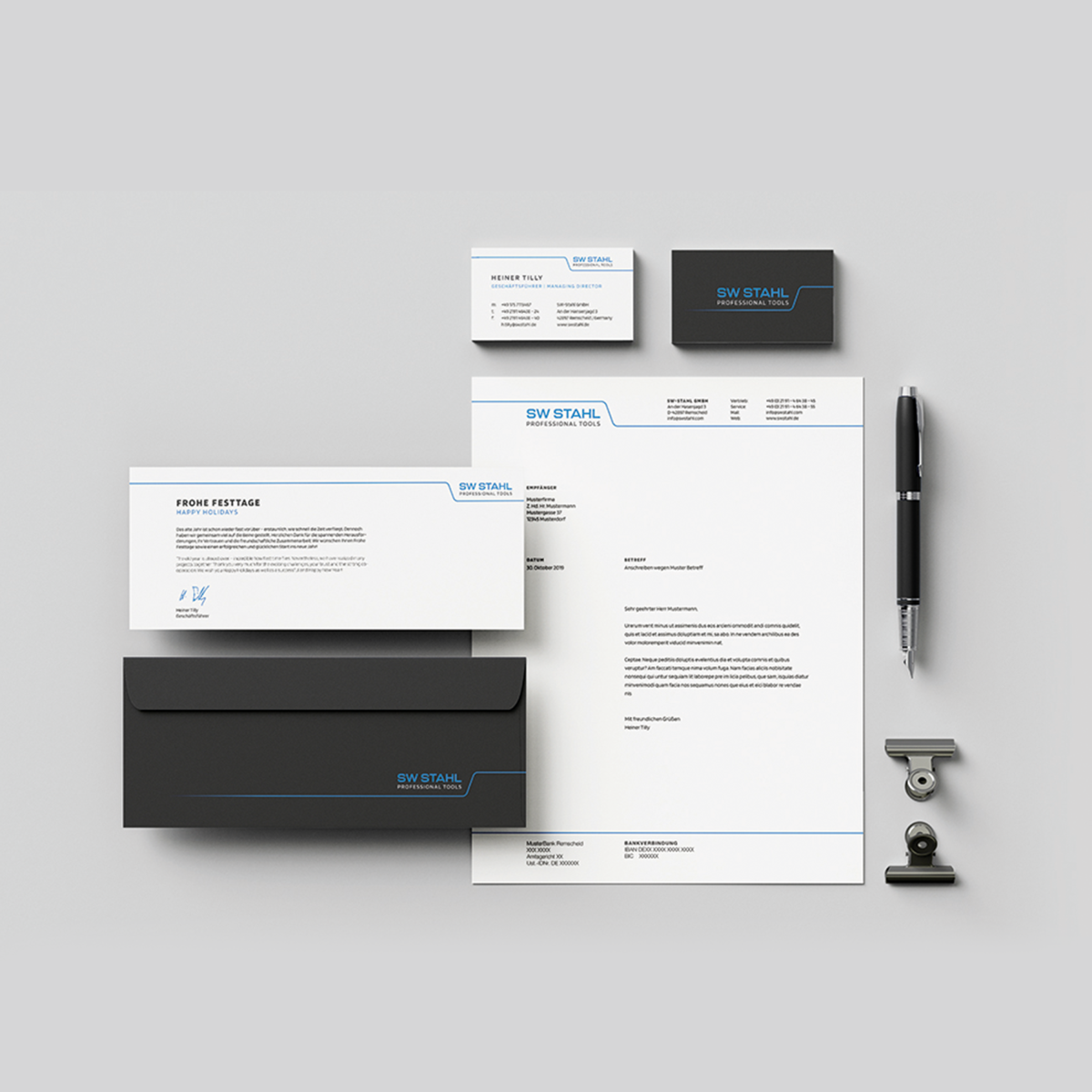 Mock-up of business stationery for SW Stahl, including letterhead, business cards and envelope design, implementing the new corporate design.