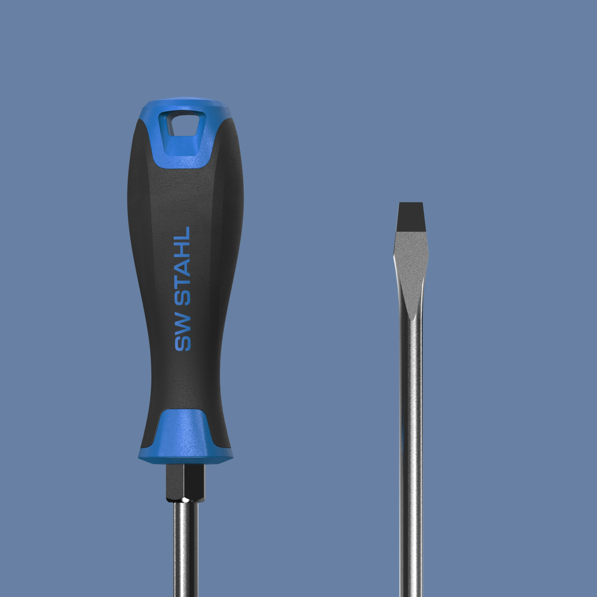 Detail of the handle and head of the SW Stahl screwdriver in isometric view on a blue background