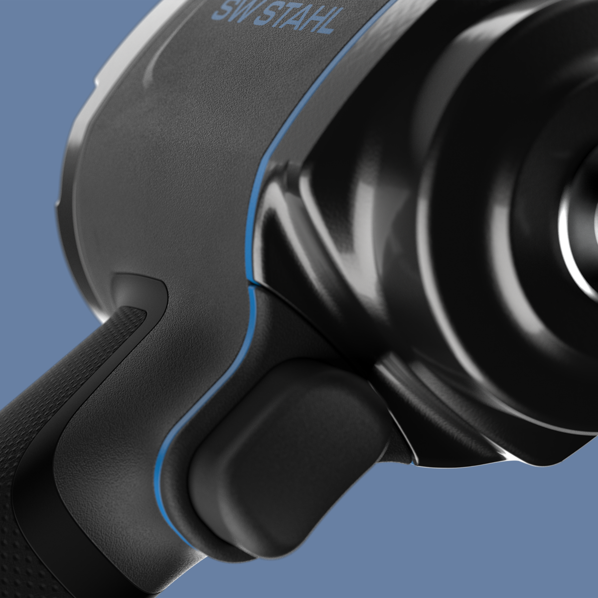 Detail focusing on the button of the pneumatic screwdriver designed by Squareone for SW Stahl