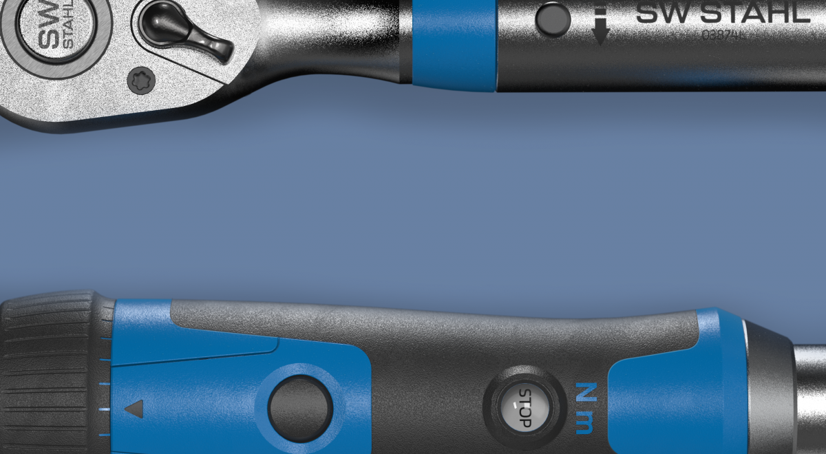 Handle and head detail of the torque wrench from SQ Stahl, isometric view on blue background.