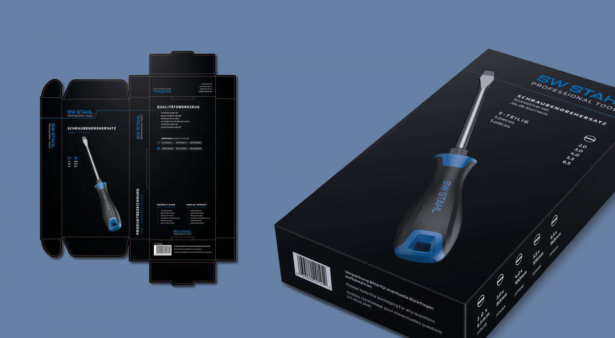 New packaging in line with the corporate identity for a screwdriver from SW Stahl, an isometric view and a perspective view.