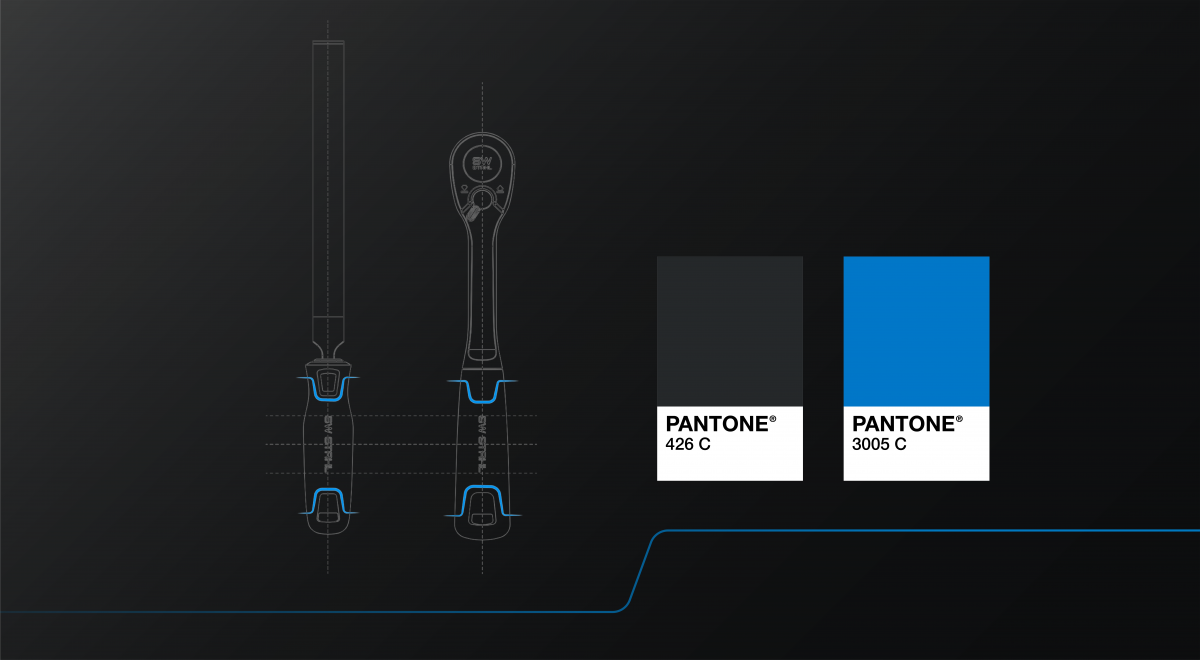 Combination of technical drawing and design of the SW steel ratchet and definition of Pantone colours for the new products