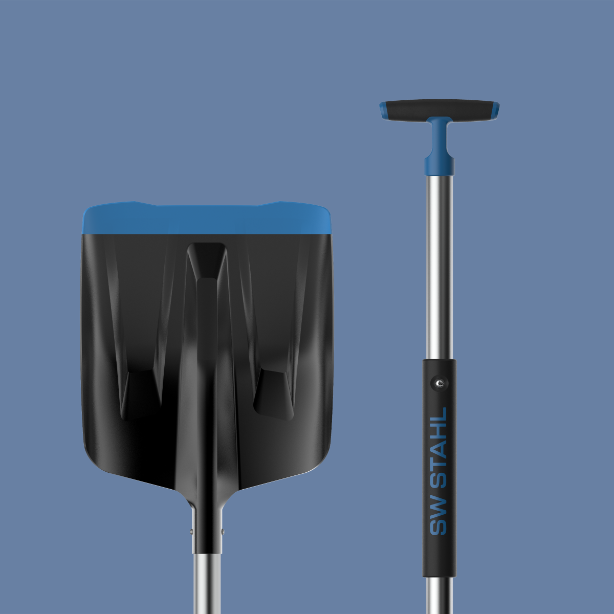 Foldable rescue shovel by SW Stahl, designed by Squareone, isometric view of shovel and handle on blue background