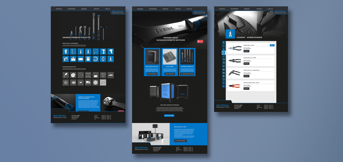Three examples of the new SW Stahl website as a digital mock-up on a blue background, UX and UI design by Squareone