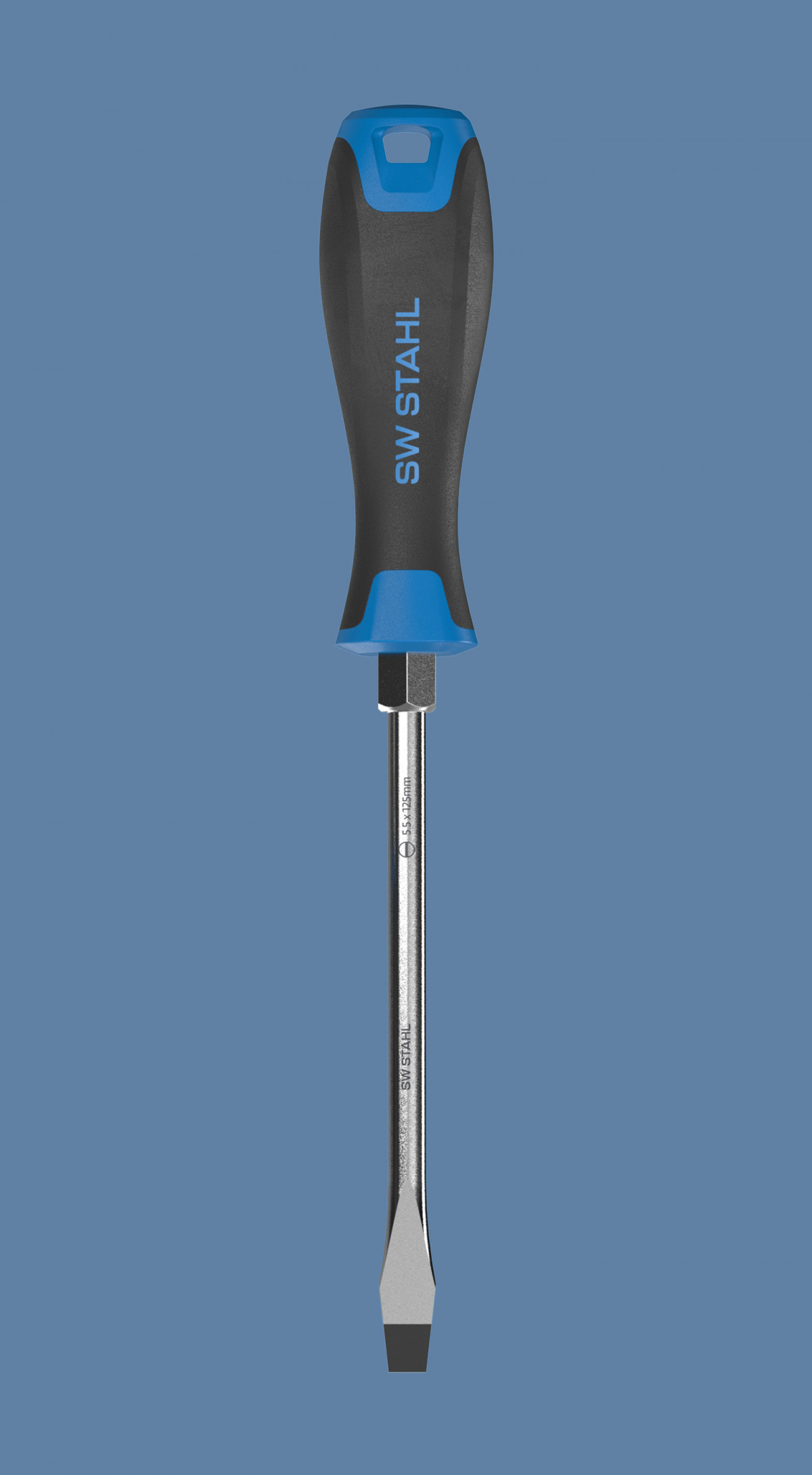 A vertical view of an SW steel screwdriver from the screwdriver range designed by Squareone. Rendering on a blue background