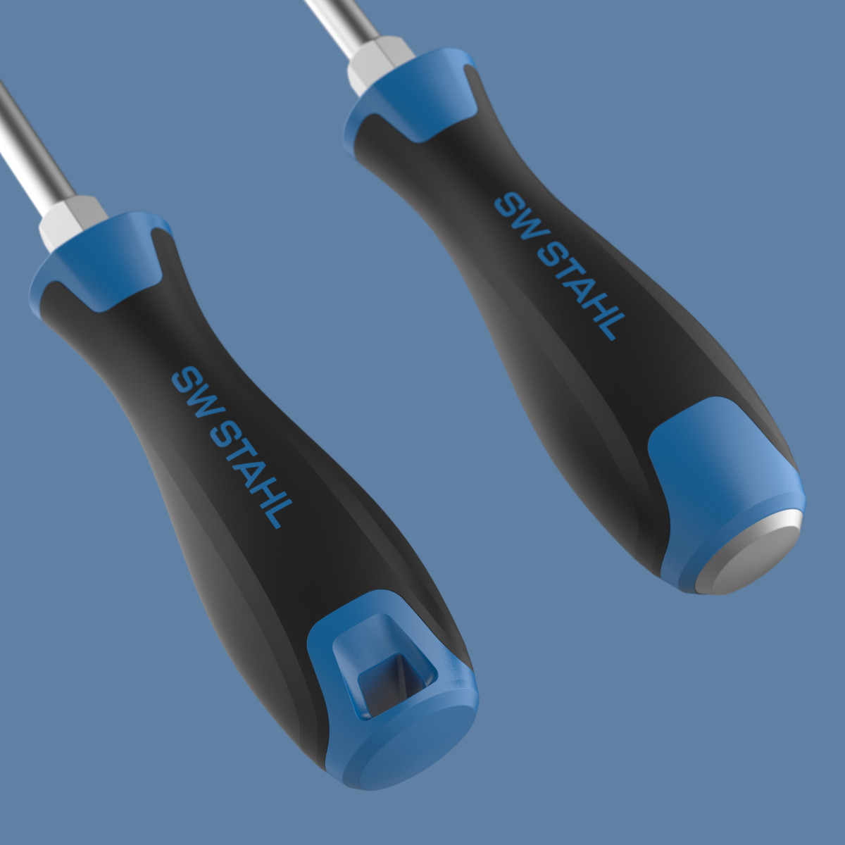 Detailed view of two end cap variants for the SW Stahl screwdriver range, designed by Squareone
