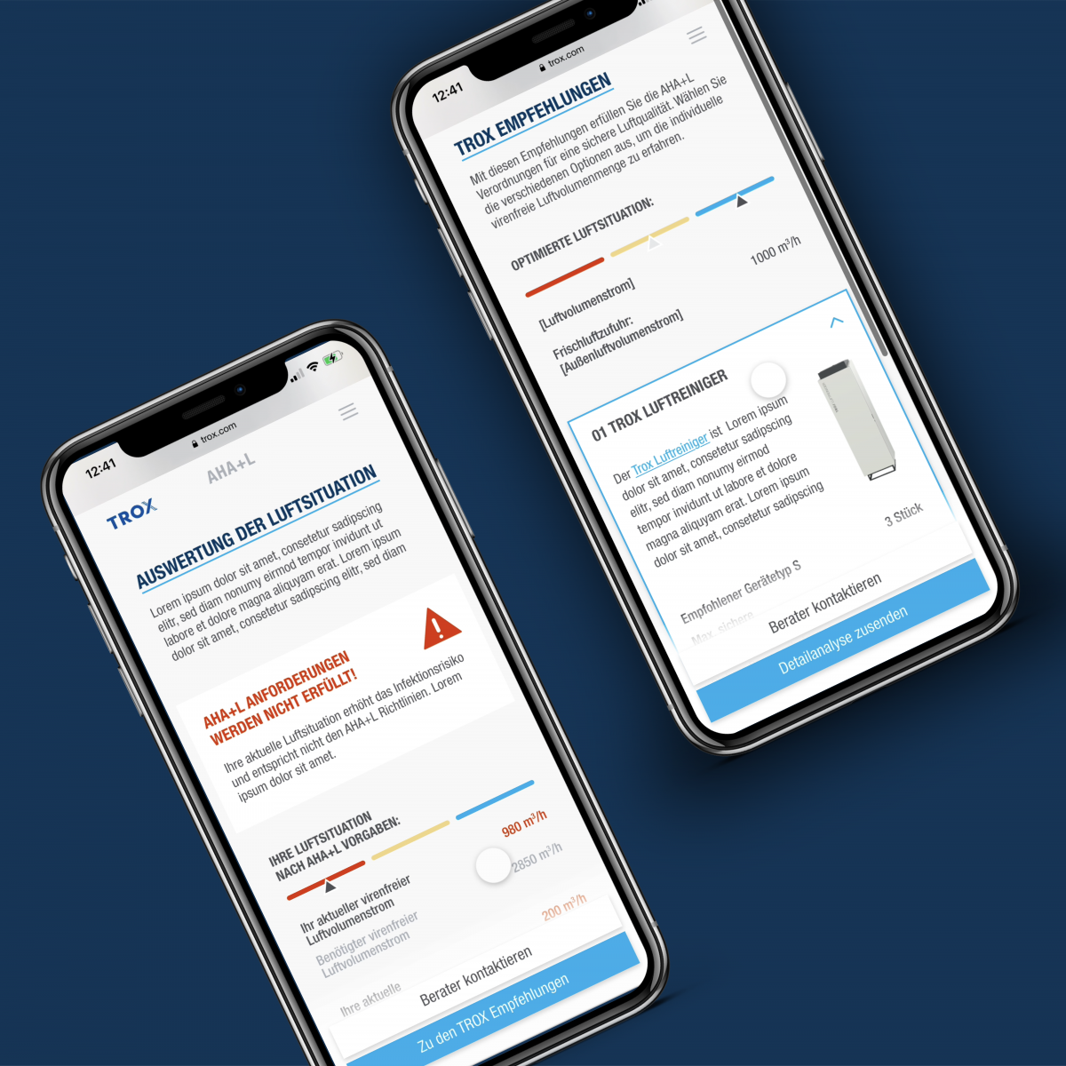 Zwei Smartphones, auf denen der AHA+L-Rechner von trox auf einem blauen Trox-Hintergrund angezeigt wird.