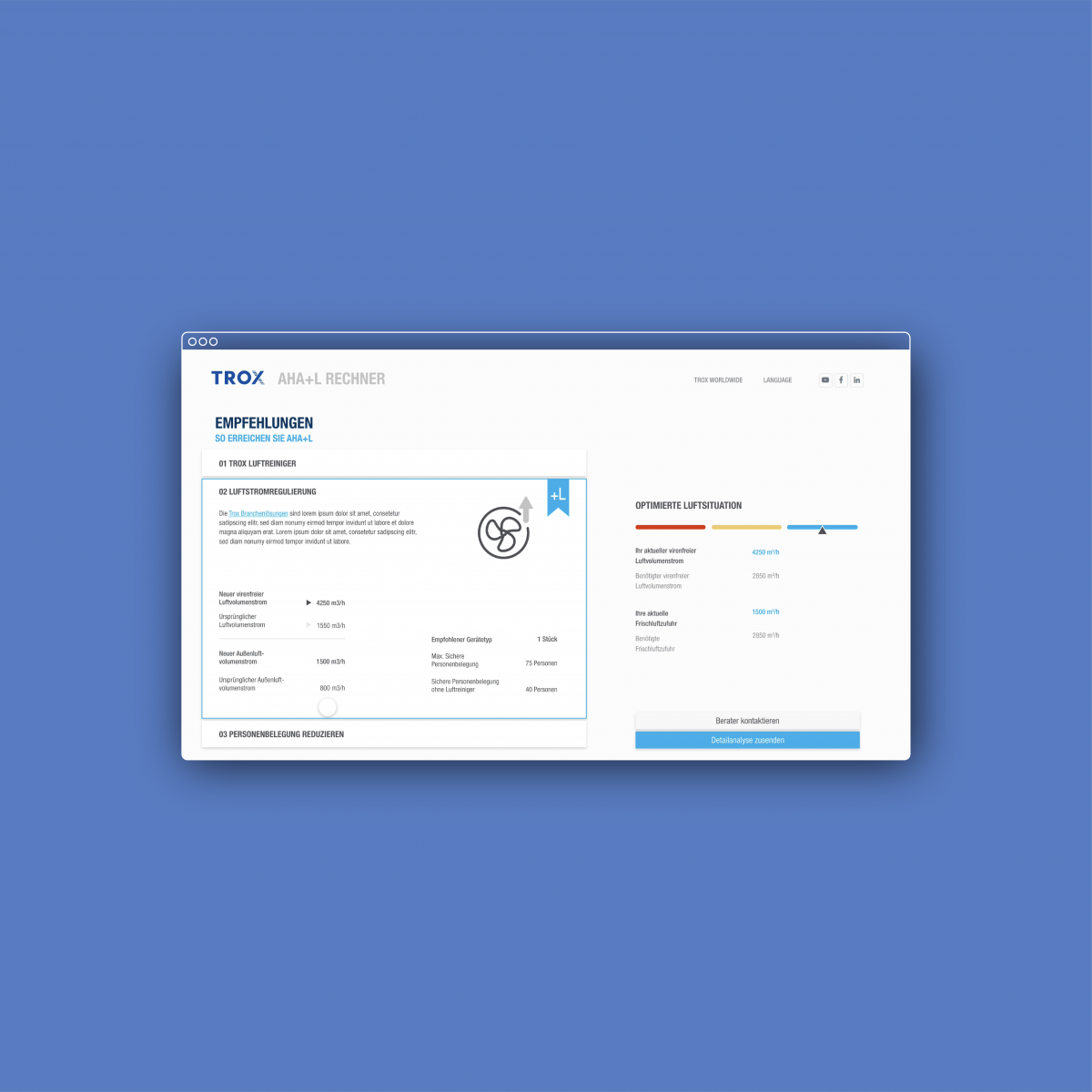 Desktop screen showing the start page of the AHA+L calculator, user interface by Squareone GmbH