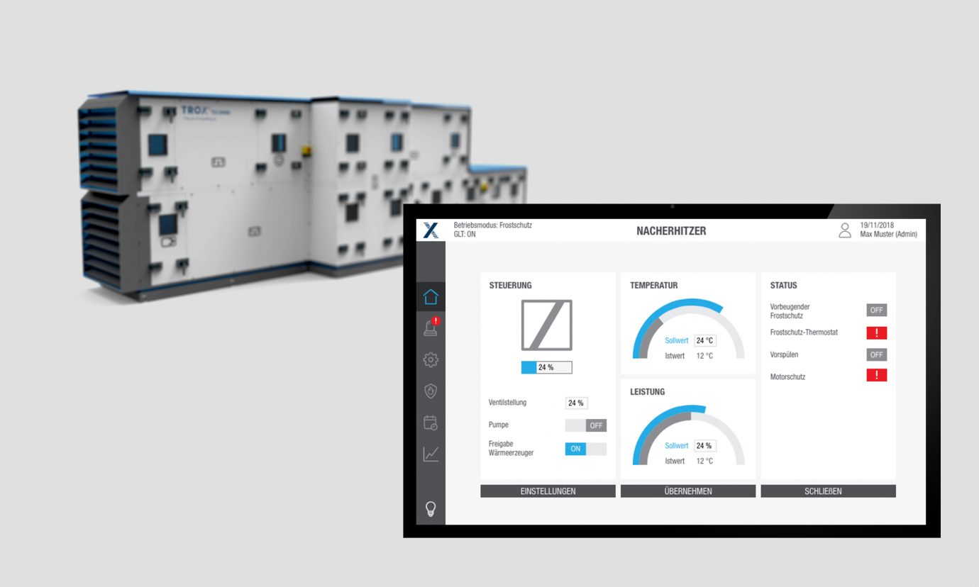 Das Maschinen Interface, auch GUI genannt, ist grafisch vor einer gro&szlig;en Trox Anlage positioniert, beide Produkte gestaltet von Squareone