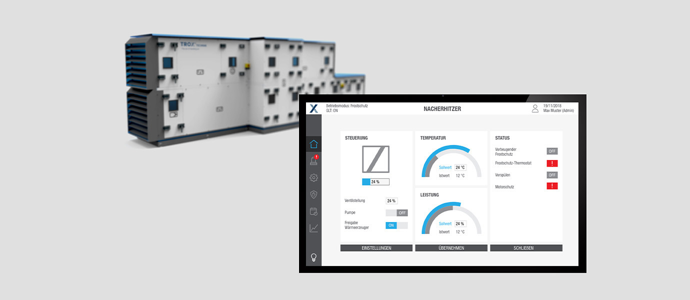 Das Maschinen Interface, auch GUI genannt, ist grafisch vor einer großen Trox Anlage positioniert, beide Produkte gestaltet von Squareone