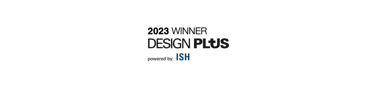 Logo des 2023 Design Plus Winners, dem Award der ISH, das Trox und Squareone für Trox OX gewonnen haben.