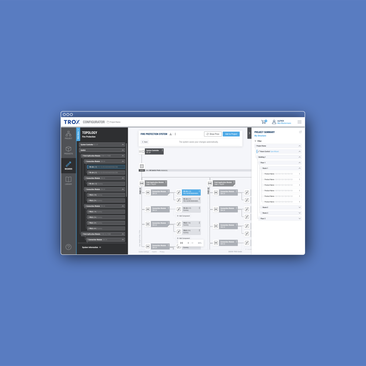 Representative screenshot of the Trox OX configurator, mock-up on a blue background