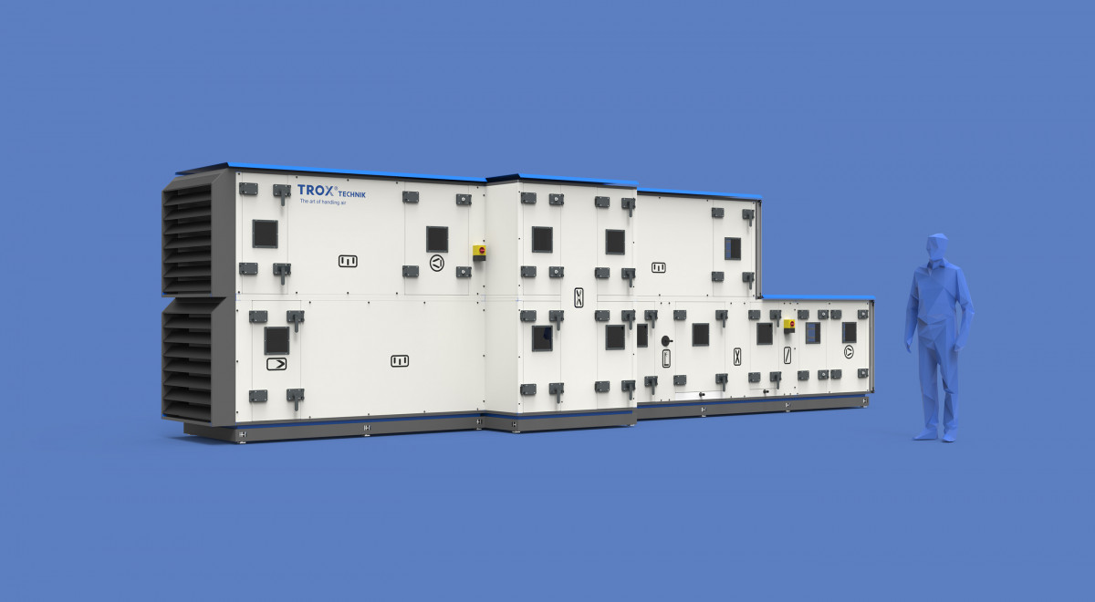 Rendering eines X Cube von Trox neben einer fiktiven Person auf blauem Hintergrund