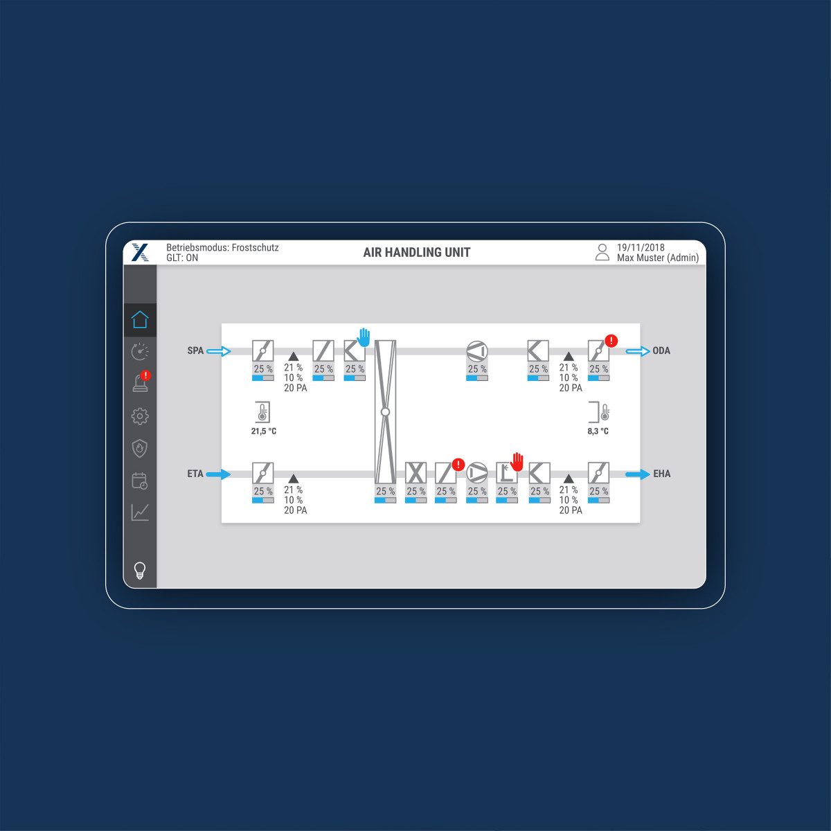 Examples of HMI screens for operating the X Cube by Trox, UX design by Squareone