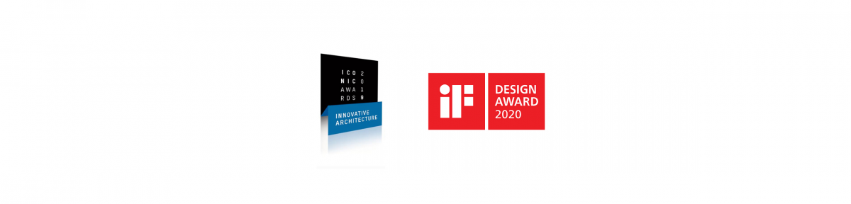 Logos des iF Award 2020 und des Iconic Award 2019, die Squareone für das Design des Trox X Cube erhalten hat.