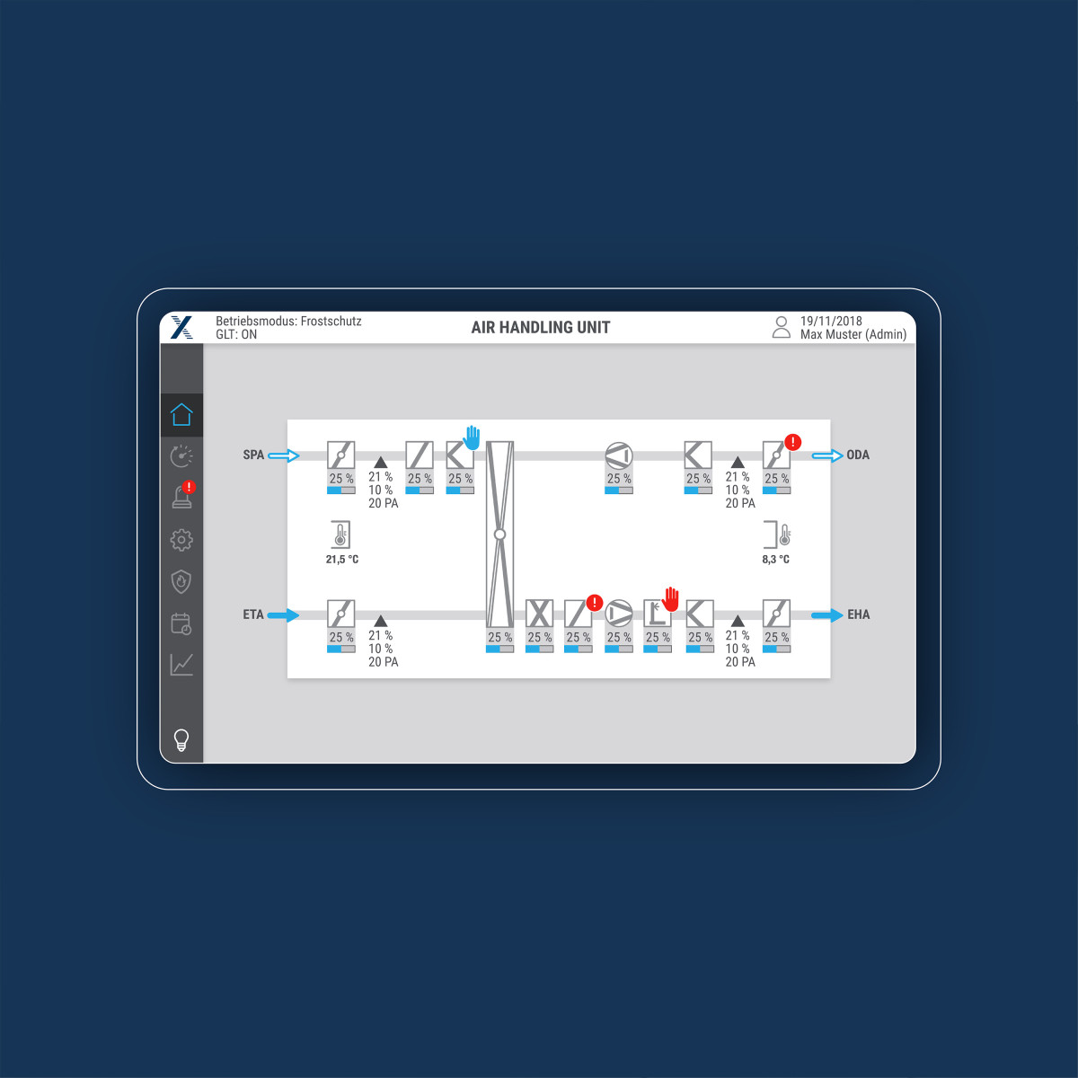 exemplare HMI screen to operate the X Cube by Trox, UX design made by Squareone