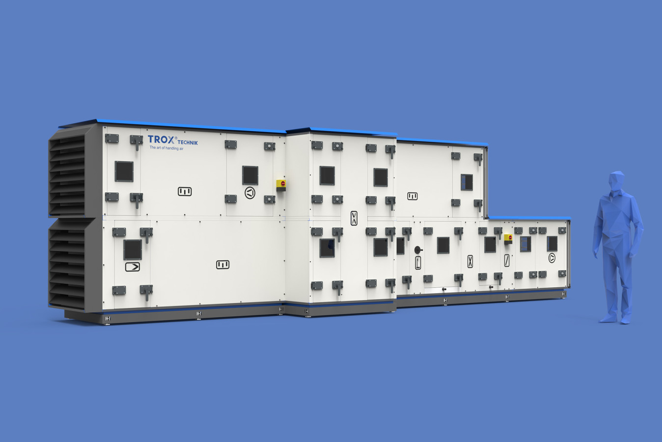 Rendering eines X Cube von Trox neben einer fiktiven Person auf blauem Hintergrund