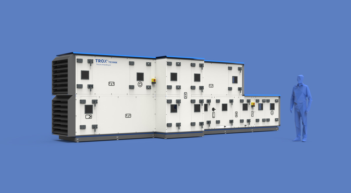 Rendering of a Trox X Cube next to a fictional person on a blue background