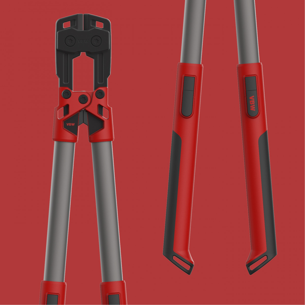 Two VBW bolt cutters orthographically side by side on a red background