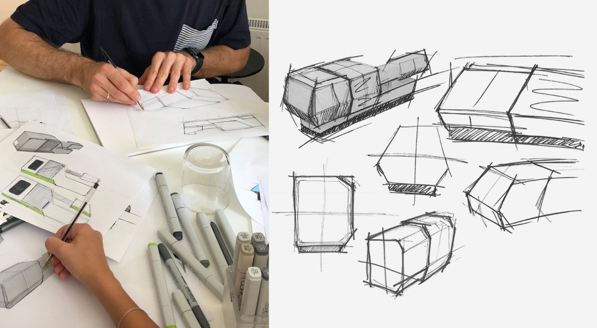 Kombiniertes Bild zum Thema zeichnerische Konzeptentwicklung. Links Foto der Zeichensituation im Team mit Copic Markern, rechts eingescannte und schraffierte Skizzen für die Produktentwicklung.