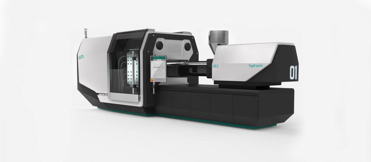 Perspektivansicht der Stela H82, einer Spritzgussmaschine, die im Rahmen einer Designstudie von Squareone entstanden ist.
