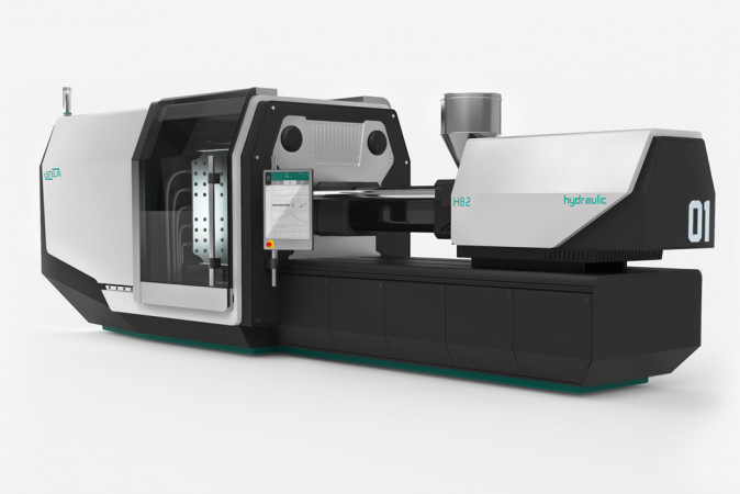 Perspektivansicht der Stela H82, einer Spritzgussmaschine, die im Rahmen einer Designstudie von Squareone entstanden ist.