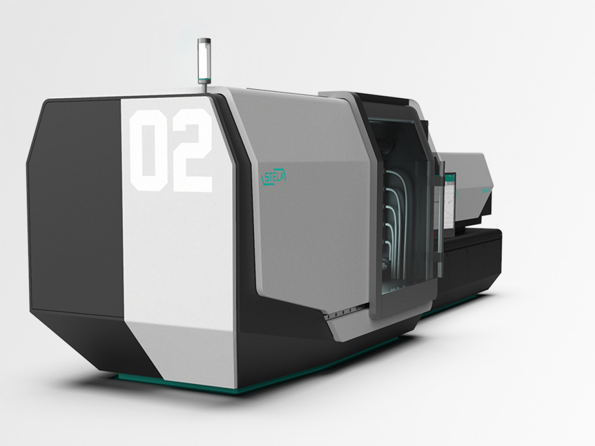 Seitenansicht Stela H82, einer Spritzgussmaschine, die im Rahmen einer Designstudie von Squareone entstanden ist. Zu sehen ist die markante grafische Nummerierung, um unterschiedliche Maschinen der Familie zu differenzieren.