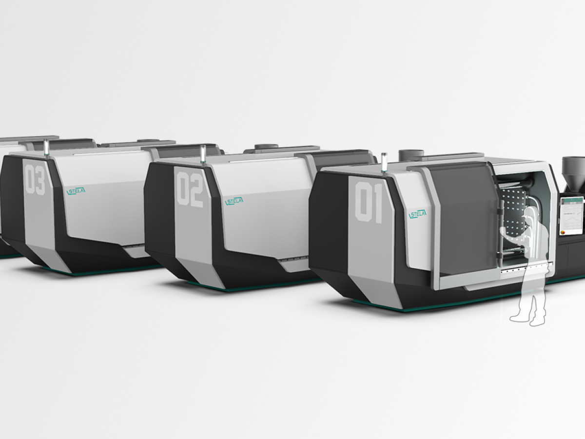 Rendering of the Stela H82 family, a series of injection moulding machines developed as part of a design study by Squareone.