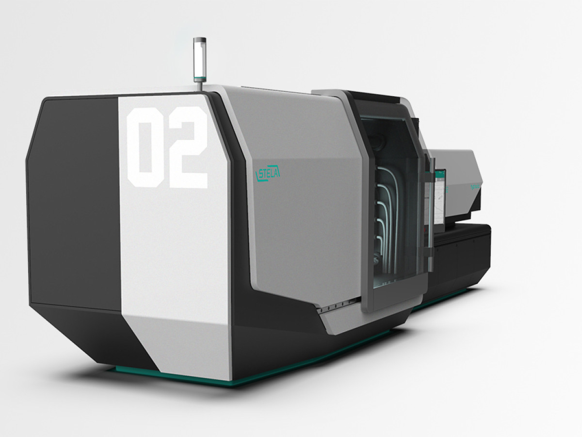 Side view of the Stela H82, an injection moulding machine developed as part of a design study by Squareone. The striking graphic numbering system, used to distinguish between the different machines in the range, is clearly visible.