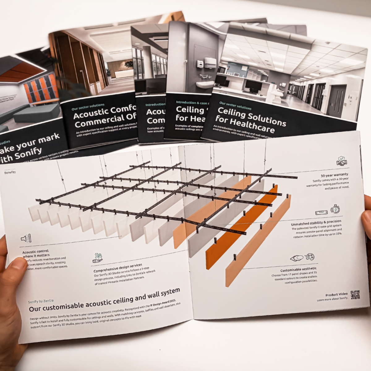 Product brochure highlighting the benefits of the acoustic ceiling system Sonify by Zentia designed by Squareone
