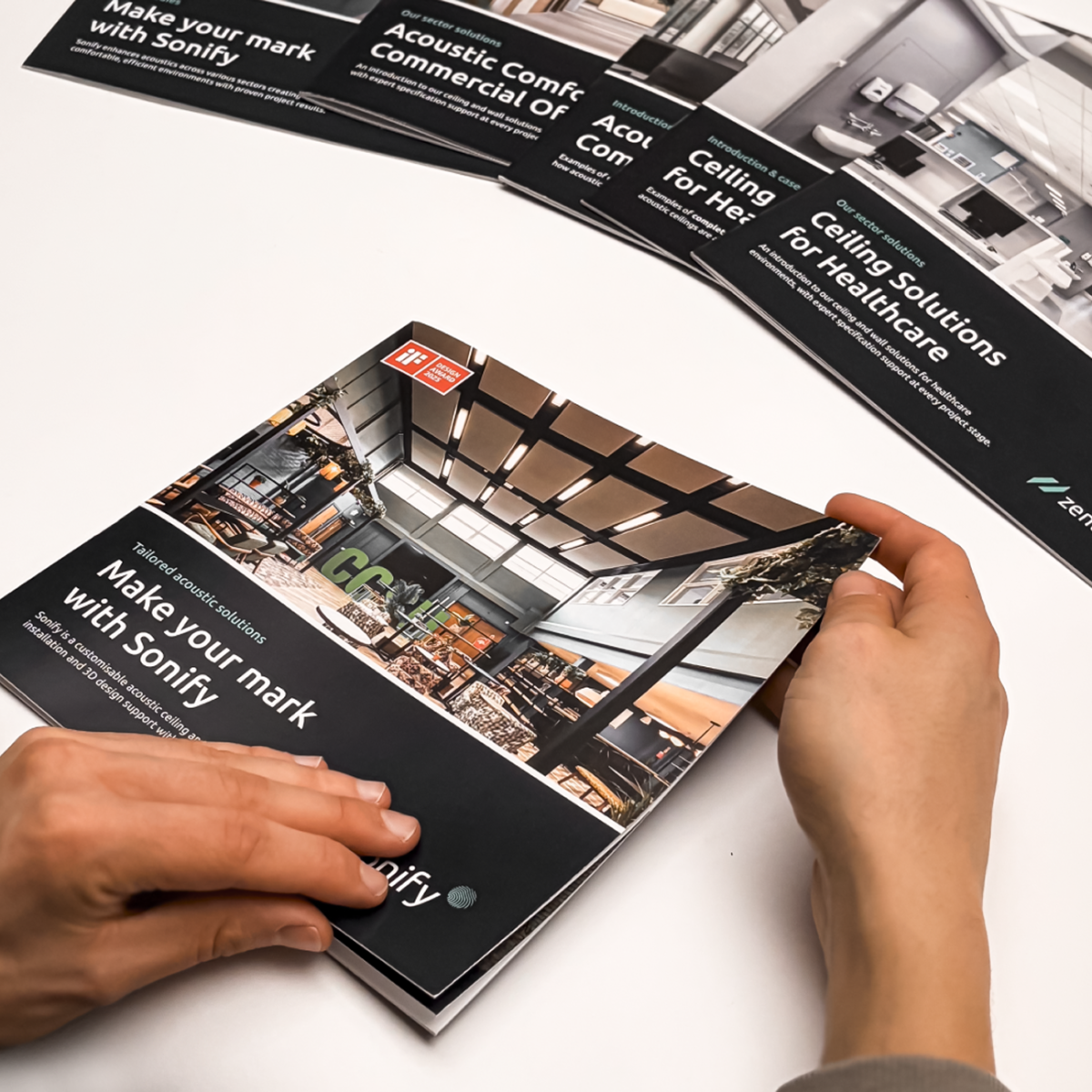 Product brochure for the acoustic ceiling system Sonify by Zentia designed by Squareone