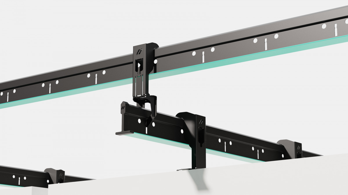 Two metal elements of the new ceiling system from Zentia, designed by Squareone GmbH