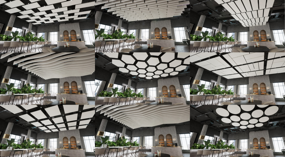 Different options how to design and configurate ceilings in public spaces with the Sonify configurator by Zentia. The concept was designed by Squareone GmbH from Germany.