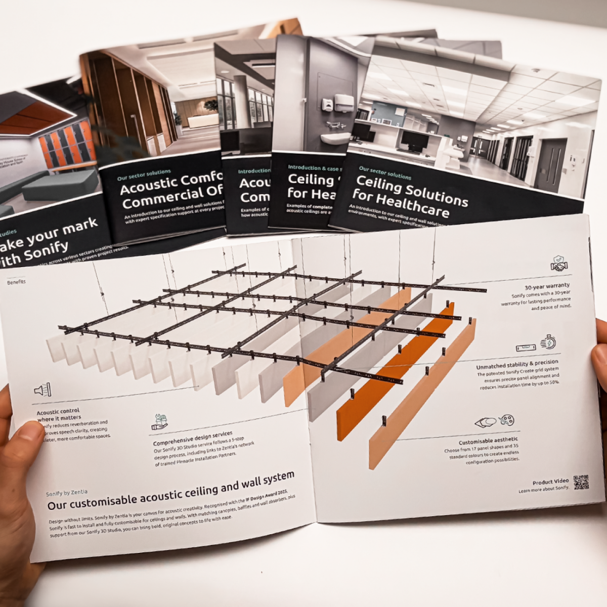Product brochure highlighting the benefits of the acoustic ceiling system Sonify by Zentia designed by Squareone